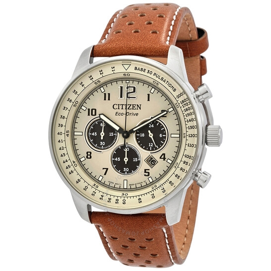 Đồng Hồ Nam CITIZEN Eco-Drive Chronograph Beige Dial Brown Leather Men's Watch CA4500-16X