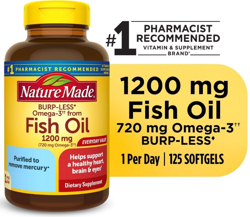 Viên uống dầu cá Nature Made Fish Oil 1200mg, 125 viên / Nature Made Burp Less Omega 3 Fish Oil 1200 mg Softgels, Fish Oil Supplements, 125 Count