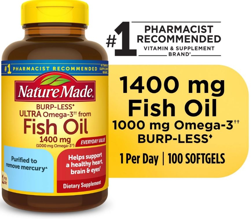 Viên uống dầu cá Nature Made 1400mg, Omega 3, 100 viên / Nature Made Burp Less Ultra Omega 3 Fish Oil 1400 mg Softgels, Fish Oil Supplements, 100 Count