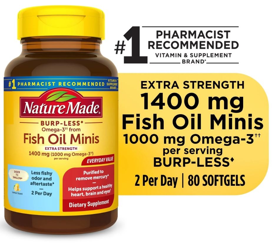 Viên Uống Dầu Cá Nature Made 1400mg, Omega 3, 80 viên / Nature Made Extra Strength Burp Less Omega 3 Fish Oil Supplements 1400 mg Minis Softgels, 80 Count