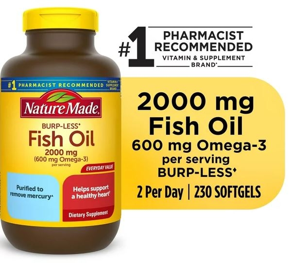 Viên Uống Dầu Cá Nature Made 2000mg, Omega 3, 230 viên / Nature Made Burp Less Fish Oil 2000 mg Per Serving Softgels, Omega 3 Fish Oil Supplements, 230 Count