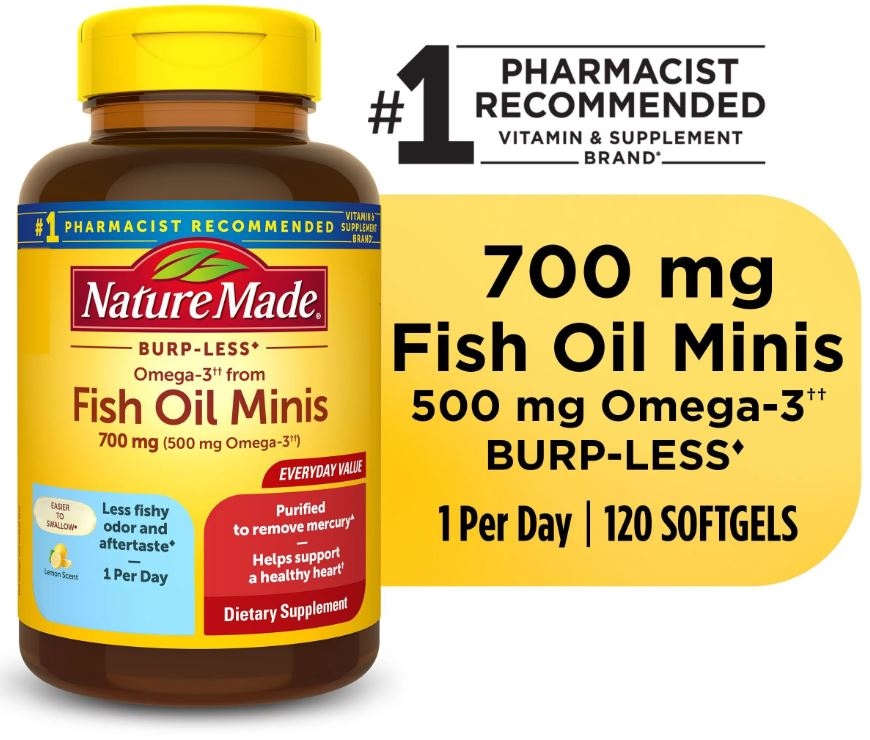 Viên Uống Dầu Cá Nature Made 700 mg, Omega 3, 120 viên / Nature Made Burp Less Omega 3 Fish Oil Supplements 700 mg Minis Softgels, 120 Count